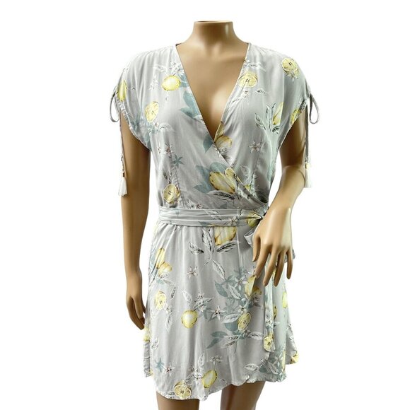 Plum Pretty Sugar Surplice Wrap Dress Lemon Floral Tasseled‎ Light Blue Small - Picture 1 of 14